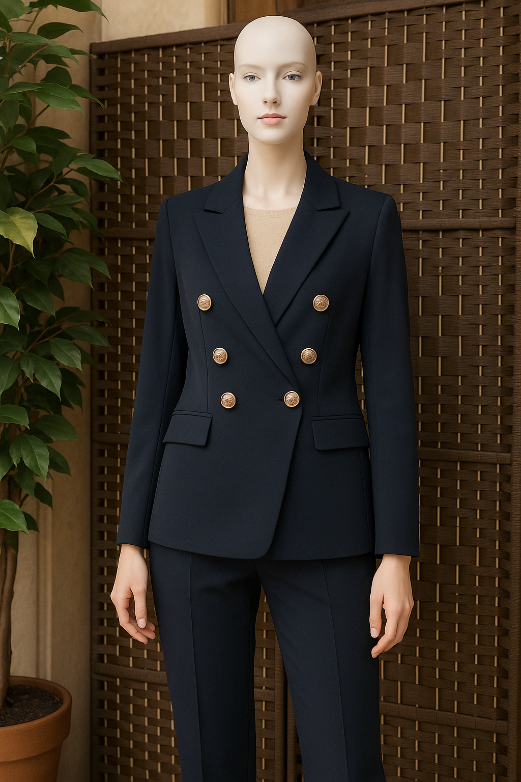 Blazer negra de mujer con botones dorados, elegante y entallada. Prenda de outlet con diseño clásico.