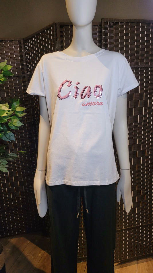 Camiseta Blanca Mujer "Ciao Amore" con Lentejuelas – Tus Prendas Arganda del Rey