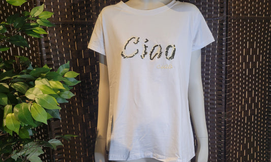 Camiseta Blanca Mujer "Ciao Amore" con Lentejuelas – Tus Prendas Arganda del Rey