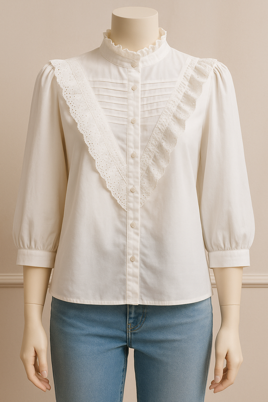Blusa Blanca Romántica con Volantes y Cuello Alto – Tus Prendas Arganda del Rey