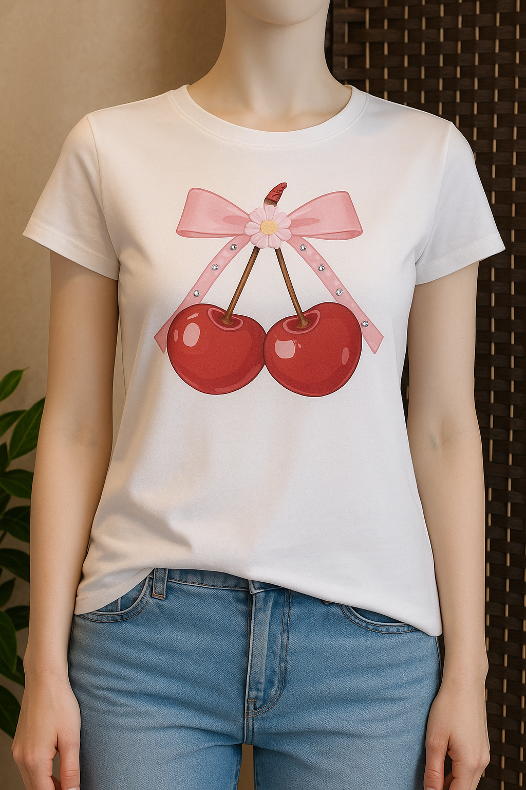 Camiseta Blanca Mujer con Estampado de Cerezas y Lazo | Estilo Coquette