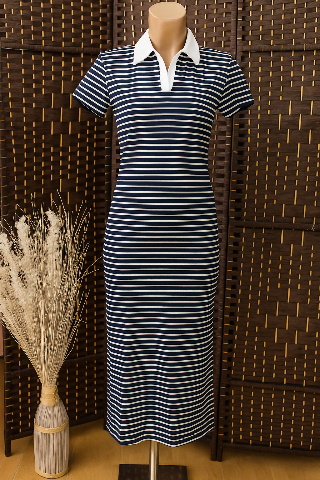 Vestido Midi de Rayas con Cuello Polo – Disponible en 6 Colores