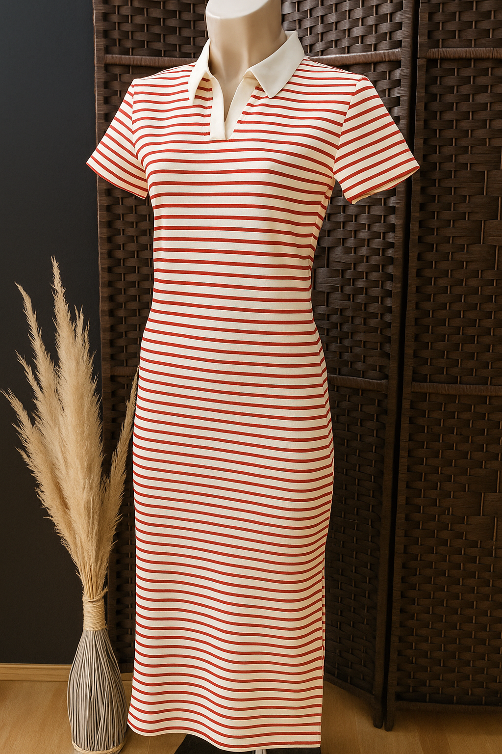 Vestido Midi de Rayas con Cuello Polo – Disponible en 6 Colores