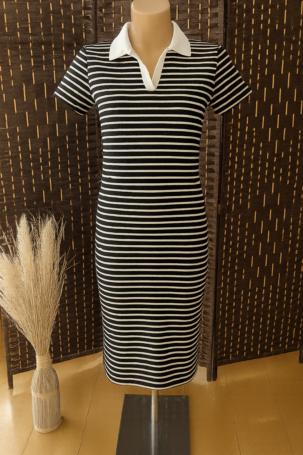 Vestido Midi de Rayas con Cuello Polo – Disponible en 6 Colores