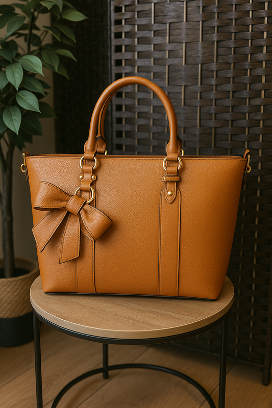 Bolso de mano marrón caramelo de polipiel con asas rígidas, lazo decorativo lateral y herrajes dorados – Tus Prendas Arganda del Rey.