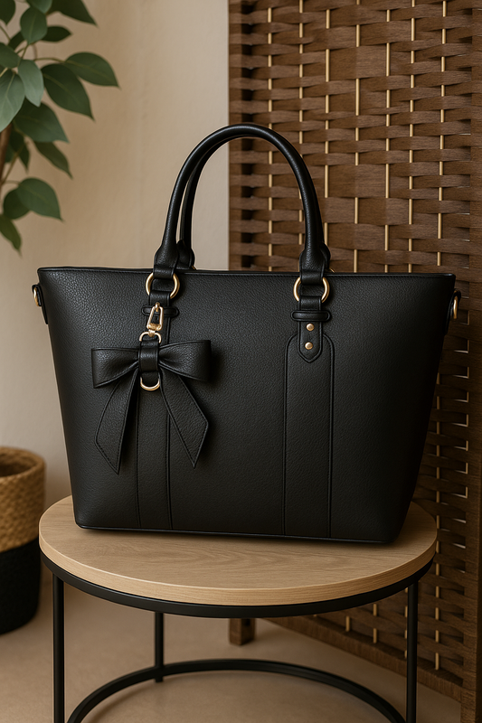 Bolso de mano negro de polipiel con asas rígidas, lazo decorativo lateral y herrajes dorados – Tus Prendas Arganda del Rey.