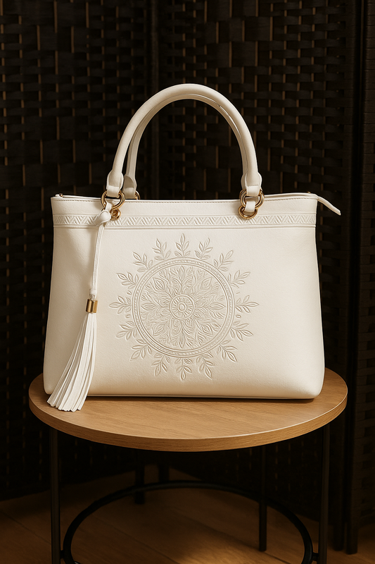 Bolso blanco de polipiel con bordado central estilo mandala, borla decorativa y asas dobles – Tus Prendas Arganda del Rey.