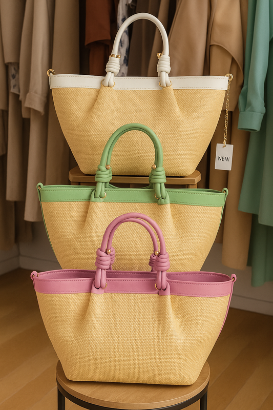  Bolso de rafia estilo shopper con asas en blanco, verde menta y rosa pastel, diseño con nudos decorativos y detalles dorados – Tus Prendas Arganda del Rey.
