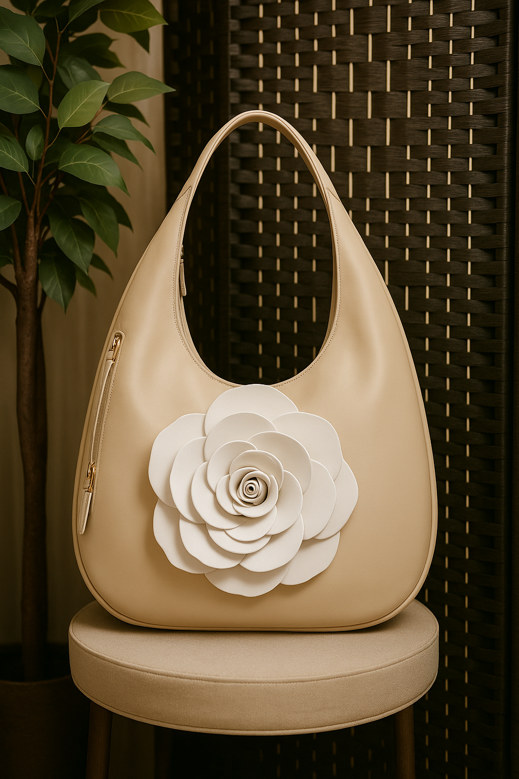 Bolso hobo beige claro con gran aplique de flor blanca en el centro, presentado sobre una mesa redonda frente a fondo trenzado.