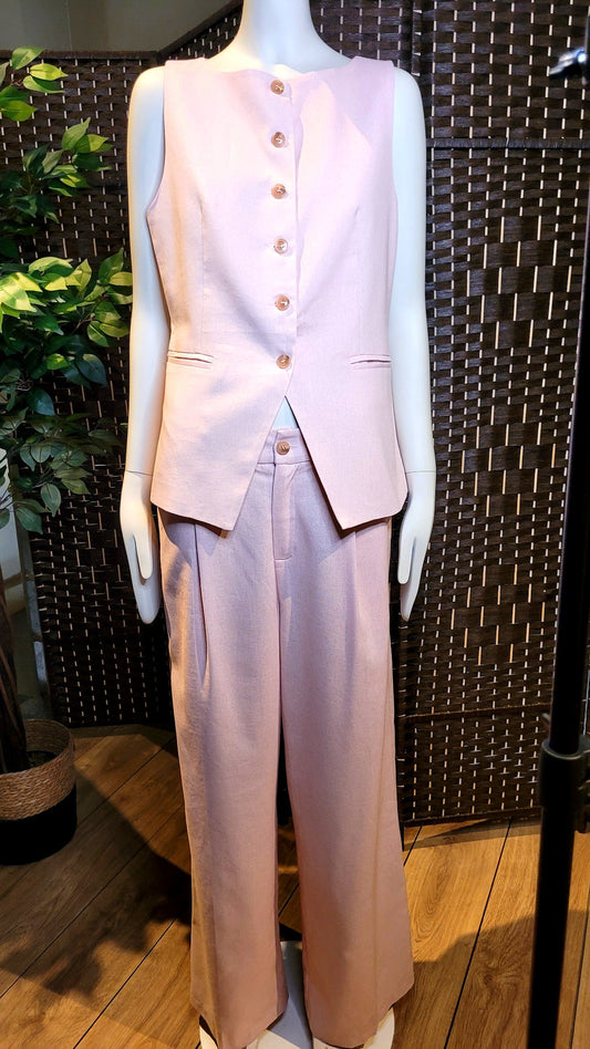 Conjunto de chaleco sin mangas y pantalón rosa palazzo
